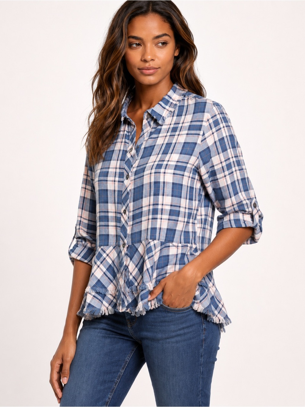 Billy T Lace Back Plaid Ruffle Hem Button Front Blouse Blue Pink Women Size S